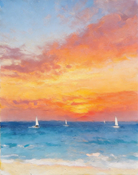 Original Oil Paintings, Sunset Sail on the Horizon, Original Seascape Paintings, Hand Painted Canvas Artwork, Buy Small Paintings Online-LargePaintingArt.com