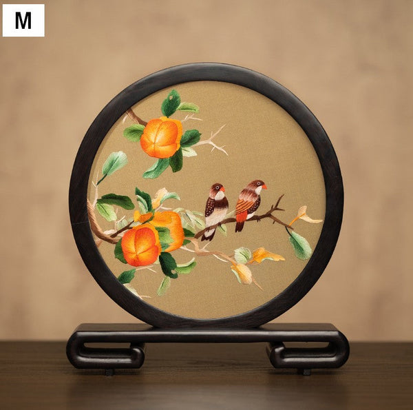 Exclusive Business Present, Flower and Bird Embroidered Decor, Unique Birthday Gift, Traditional Chinese Suzhou Embroidery Ornament, Premium Souvenir-LargePaintingArt.com