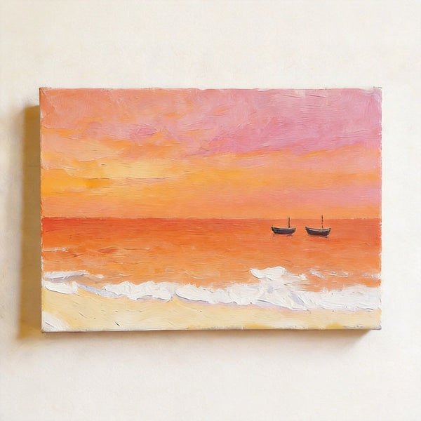 Original Oil Paintings, Silence of the Orange Twilight, Original Seascape Painting, Hand Painted Canvas Artwork, Buy Small Paintings Online, Original Canvas Art-LargePaintingArt.com