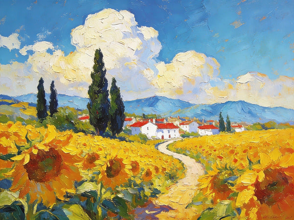 Small Wall Paintings, A Provençal Village Amidst Sunflower Fields, Small Oil Paintings on Canvas, Hand Painted Canvas Art, Heavy Texture Oil Paintings, Original Artwork Small Paintings-LargePaintingArt.com