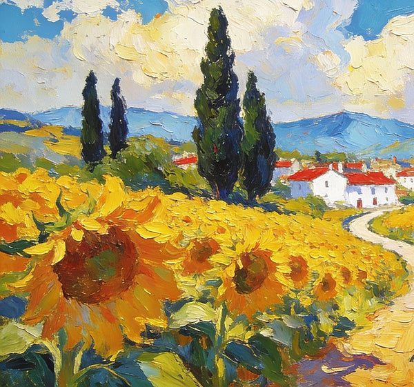 Small Wall Paintings, A Provençal Village Amidst Sunflower Fields, Small Oil Paintings on Canvas, Hand Painted Canvas Art, Heavy Texture Oil Paintings, Original Artwork Small Paintings-LargePaintingArt.com