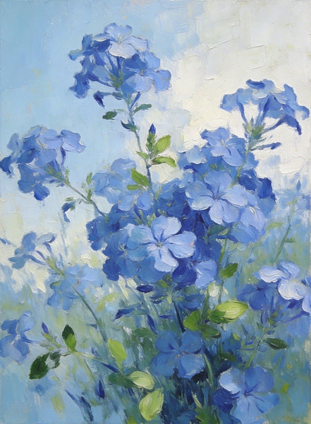 Small Canvas Wall Art Paintings, Blue Plumbago in Full Flower, Original Flower Paintings, Original Oil Paintings, Hand Painted Canvas Art-LargePaintingArt.com