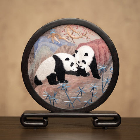 Unique Birthday Gift, Exclusive Business Present Panda Embroidered Decor, Traditional Chinese Suzhou Embroidery Ornament, Premium Souvenir-LargePaintingArt.com