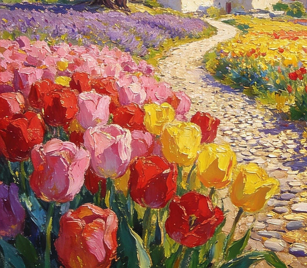On Canvas Small Paintings, The Countryside Adorned with Blooming Tulips, Hand Painted Canvas Art, Original Artwork Small Paintings on Wall, Landscape Oil Paintings-LargePaintingArt.com