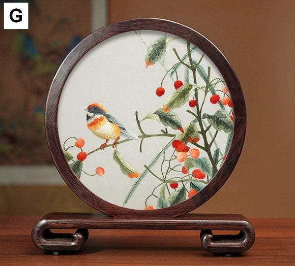 Silk Embroidered Ornament, Traditional Chinese Suzhou Flower and Birds Embroidery Ornaments, Exclusive Business Presents, Creative Birthday Gift, Premium Souvenir-LargePaintingArt.com