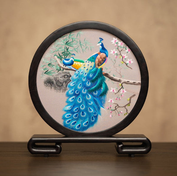 Traditional Chinese Suzhou Embroidery Ornament, Exclusive Business Present Peacock Embroidered Decor, Premium Souvenir, Unique Birthday Gift-LargePaintingArt.com