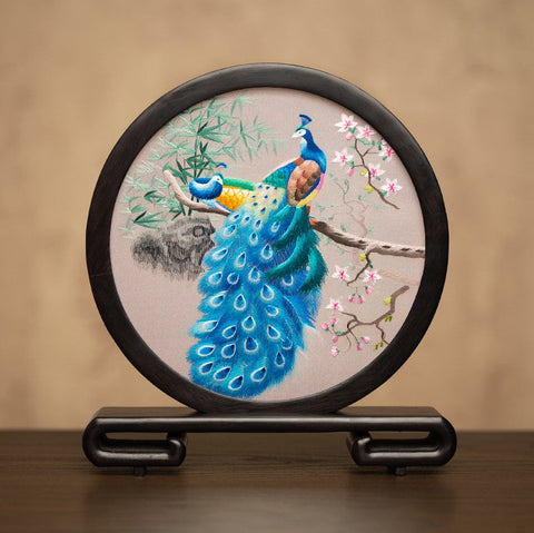 Traditional Chinese Suzhou Embroidery Ornament, Exclusive Business Present Peacock Embroidered Decor, Premium Souvenir, Unique Birthday Gift-LargePaintingArt.com