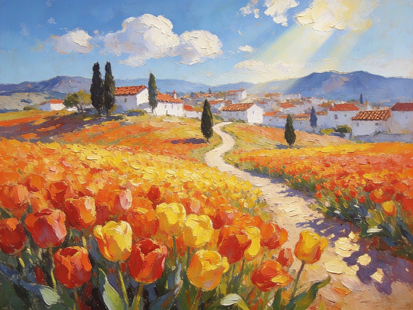Original Oil Paintings, Village Amidst the Tulip Fields, Small Oil Paintings on Canvas, Small Canvas Paintings, Hand Painted Canvas Art, Simple Painting Ideas, Small Landscape Paintings-LargePaintingArt.com
