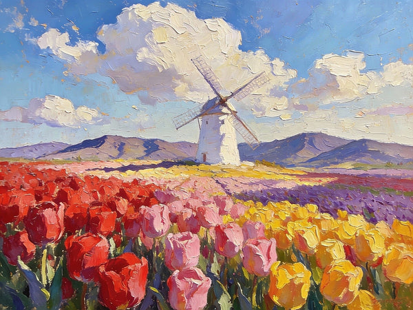 Windmills Amidst the Blooming Tulip Fields, Small Landscape Paintings, Small Oil Paintings on Canvas, Small Canvas Paintings, Original Oil Paintings, Hand Painted Canvas Art, Simple Painting Ideas-LargePaintingArt.com