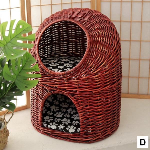Large Double-Layer Cat Bed, Wicker Cat House Basket with Washable Cushion for Indoor Cats and Dogs-LargePaintingArt.com
