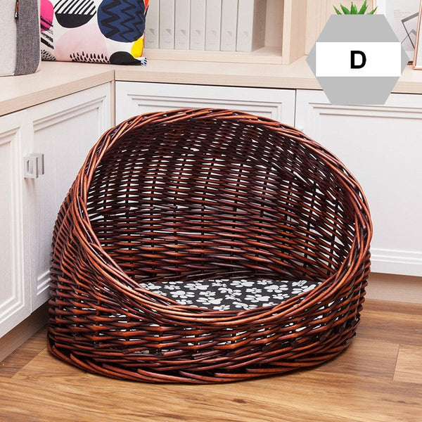 Natural Wicker Cat House Basket with Washable Cushion for Indoor Cats and Dogs, Hand woven Rattan Cat Bed-LargePaintingArt.com