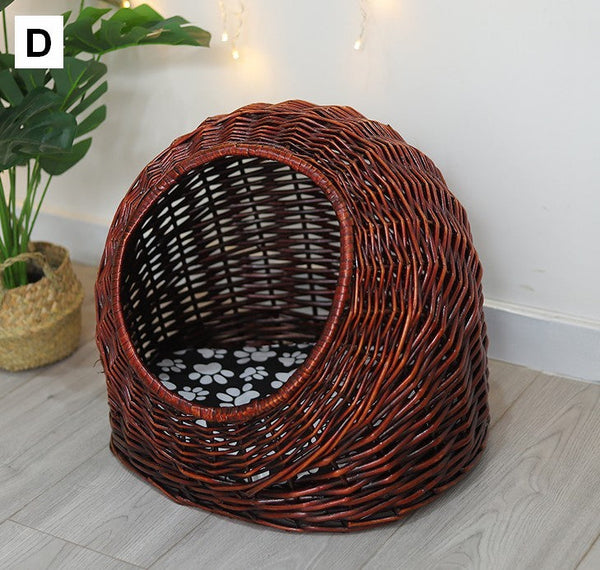 Hand woven Rattan Cat Bed, Natural Wicker Cat House Basket with Washable Cushion for Indoor Cats and Dogs-LargePaintingArt.com