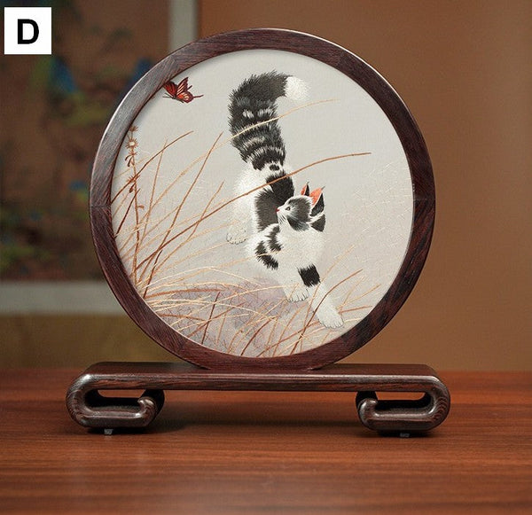 Exclusive Business Present, Lovely Kitty Cat Embroidered Decor, Premium Souvenir, Unique Birthday Gift, Traditional Chinese Suzhou Kitten Embroidery Ornament-LargePaintingArt.com