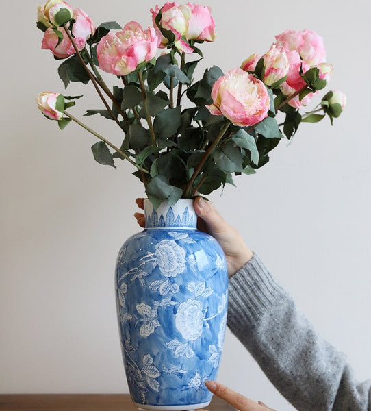 Centerpiece Ceramic Bouquet Vases, Handmade Modern Flower Vase, Large Flower Vases on Dining Table, Blue Porcelain Flower Vases-LargePaintingArt.com