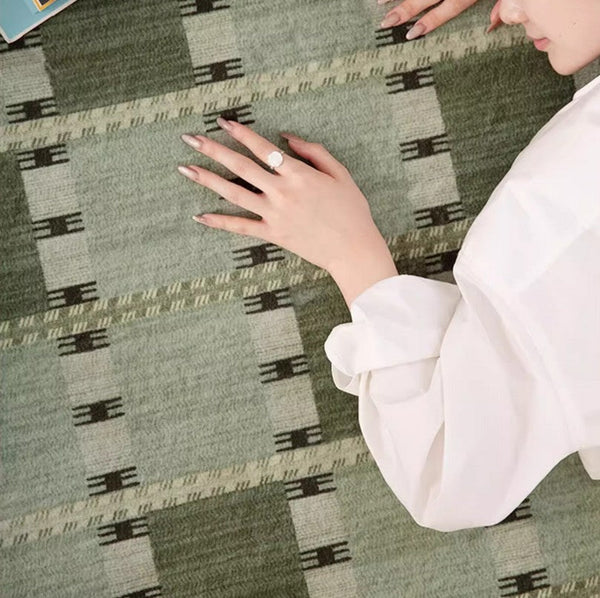 Contemporary Modern Rug for Living Room, Green Modern Area Rugs for Bedroom, Geometric Round Rugs for Dining Room, Circular Modern Rugs under Chairs-LargePaintingArt.com