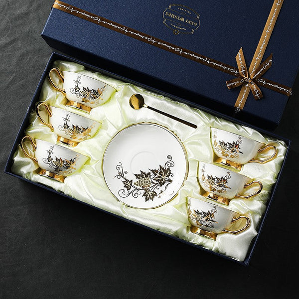 Elegant British Ceramic Coffee Cups, 7.4 oz Golden Leaves and Grapes Porcelain Tea Cup Saucer Set, Unique British Tea Cup and Saucer in Gift Box-LargePaintingArt.com