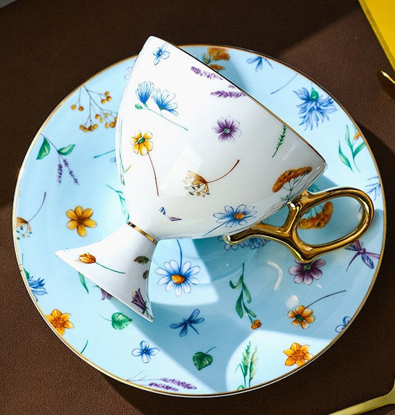 Elegant British Ceramic Coffee Cup with Saucer, 6.8 oz Tea Cup and Saucer Set in Gift Box, Floral Porcelain Tea Cup and Saucer Set, Flower Ceramic Tea Cup and Saucer-LargePaintingArt.com