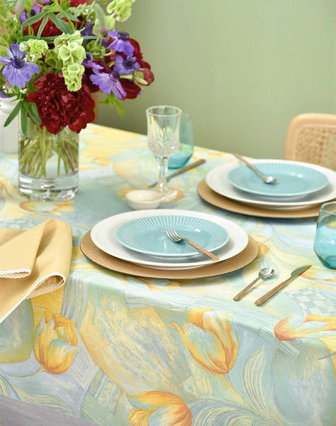Country Farmhouse Tablecloth, Extra Large Rectangle Tablecloth for Dining Room Table, Tulip Flowers Rustic Table Covers for Kitchen, Square Tablecloth for Round Table-LargePaintingArt.com