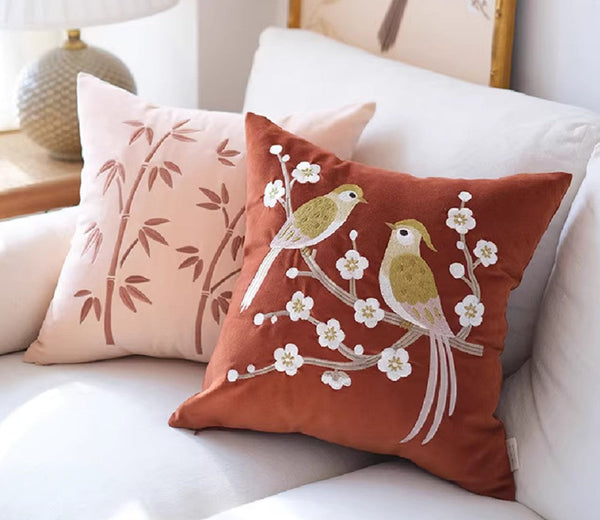 Modern Throw Pillows for Bedroom, Decorative Pillows for Couch, Vintage Decorative Pillows, Embroidered Birds Cushion, Decorative Pillow Arrangement Ideas for Couch-LargePaintingArt.com