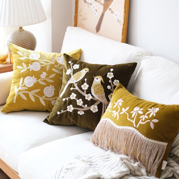 Embroidered birds cushion, Decorative Pillows for Couch, Vintage Decorative Pillows, Modern Throw Pillows for Bedroom, Decorative Pillow Arrangement Ideas for Couch-LargePaintingArt.com
