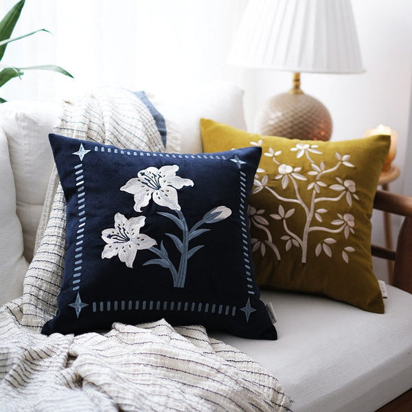 Dark Blue Lily Embroidered Cushion, Living Room Decorative Pillows, Decorative Pillow Arrangement Ideas for Couch, Large Decorative Pillows for Couch, Modern Throw Pillows for Bedroom-LargePaintingArt.com