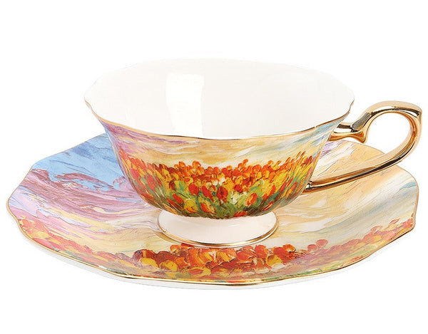 Elegant Ceramic Coffee Cups, Flower Field Vintage Bone China Porcelain Tea Cup Set, Unique British Tea Cup and Saucer in Gift Box, Royal Ceramic Cups-LargePaintingArt.com