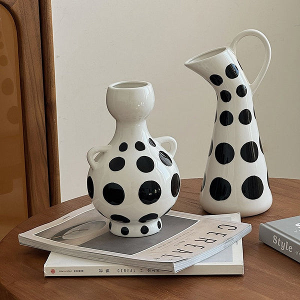 Ceramic Bud Vases, Small Flower Vases on Table, Black and White Polka Dot Flower Vase, Modern Porcelain Flower Vases, Handmade Water Holding Flower Vases-LargePaintingArt.com