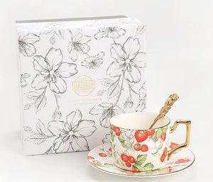 Strawberry Bone China Porcelain Tea Cup Set, Elegant Ceramic Coffee Cups, British Royal Ceramic Cups for Afternoon Tea, Unique Blue Tea Cup and Saucer in Gift Box-LargePaintingArt.com