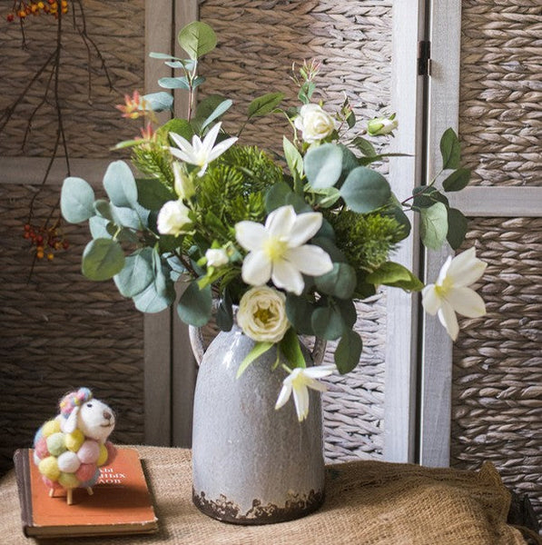 Eucalyptus Globulus, Clematis, White Rose Flowers, Unique Flower Arrangement for Home Decoration, Beautiful Modern Artificial Flowers for Dining Room Table-LargePaintingArt.com