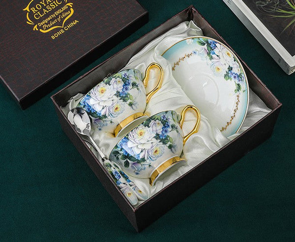 Elegant British Ceramic Coffee Cups, Unique Tea Cup and Saucer in Gift Box, Royal Bone China Porcelain Tea Cup Set, Rose Flower Pattern Ceramic Cups-LargePaintingArt.com