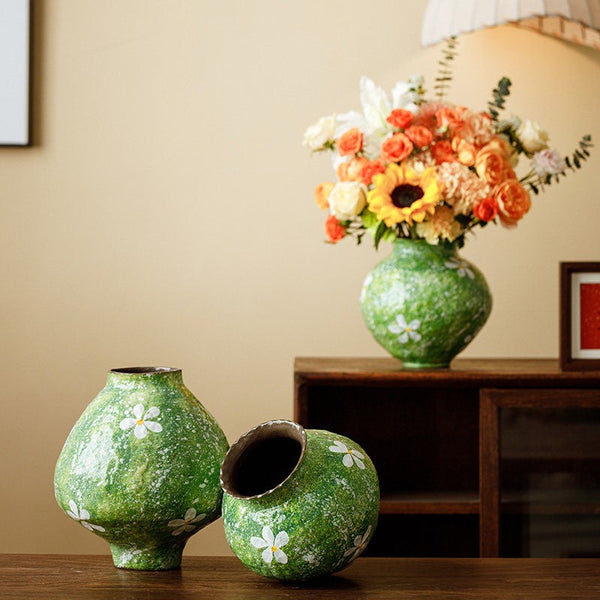 Modern Pottery Flower Vases, Centerpiece on Dining Table, Handmade Water Holding Flower Vases, Pottery Bud Vases, Large Green Flower Vases on Table-LargePaintingArt.com