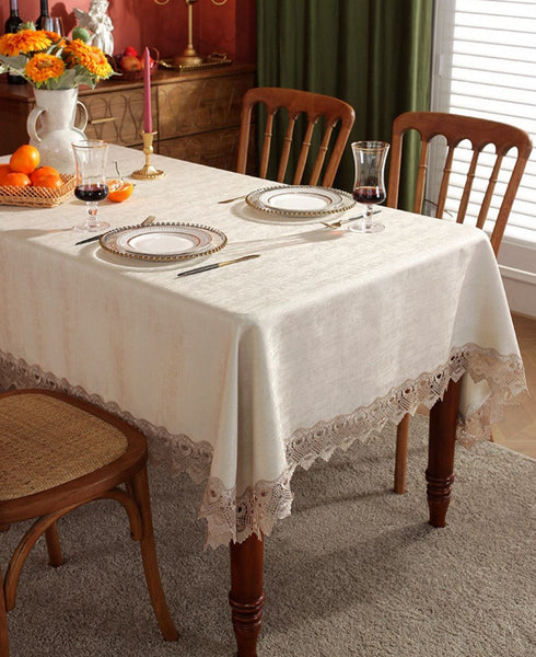 Large Simple Table Cloth for Dining Room Table, Beige Lace Tablecloth for Home Decoration, Modern Rectangle Tablecloth, Square Tablecloth for Round Table-LargePaintingArt.com