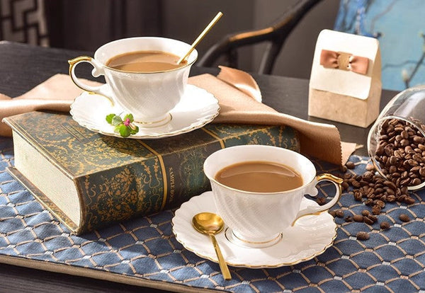 White Porcelain Tea Cup Saucer Set, 8 oz British Tea Cup and Saucer in Gift Box, Unique British Ceramic Coffee Cups for Traditional Afternoon Tea-LargePaintingArt.com