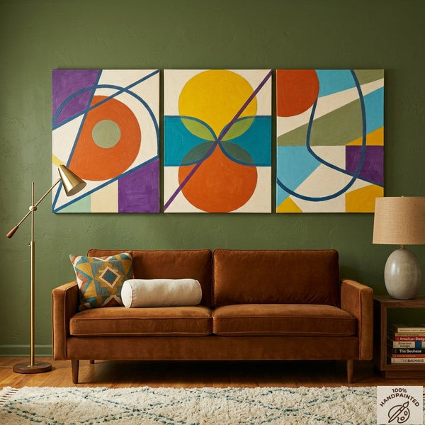 Abstract Paintings for Mid Century Modern Living Room, Multi Panel Canvas Art, Geometric Pattern Contemporary Artwork-LargePaintingArt.com