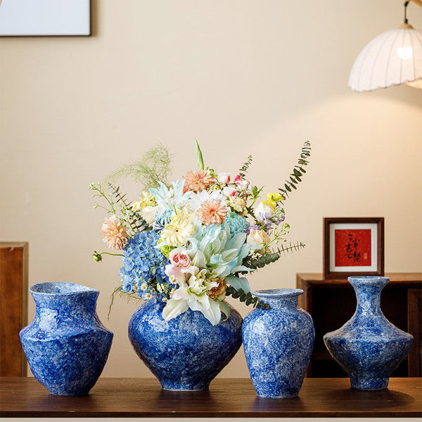 Modern Pottery Flower Vases, Handmade Water Holding Flower Vases, Centerpiece on Dining Table, Blue Pottery Bud Vases, Large Flower Vases on Table-LargePaintingArt.com