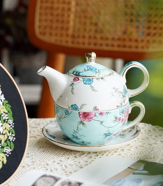 Porcelain Teapot with Matching Cup and Saucer in Gift Box, Stackable Teapot and Cup Set, Ceramic Tea Pot with Integrated Cup, Mother and Baby Teapot with Matching Saucer-LargePaintingArt.com