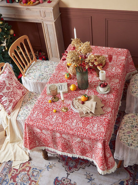 Large Fiberflax Rectangle Tablecloth for Home Decoration, Red Flower Pattern Tablecloth for Holiday Decoration, Square Tablecloth for Round Table-LargePaintingArt.com
