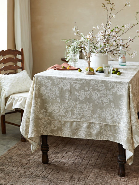 French Flower Pattern Tablecloth for Round Table, Vintage Rectangle Tablecloth for Dining Room Table, Rustic Farmhouse Table Cover for Kitchen-LargePaintingArt.com