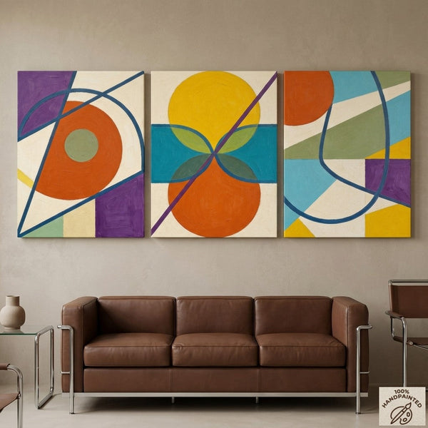 Abstract Paintings for Mid Century Modern Living Room, Multi Panel Canvas Art, Geometric Pattern Contemporary Artwork-LargePaintingArt.com