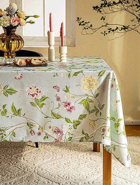 Singing Bird Tablecloth for Round Table, Kitchen Table Cover, Flower Table Cover for Dining Room Table, Modern Rectangle Tablecloth Ideas for Oval Table-LargePaintingArt.com