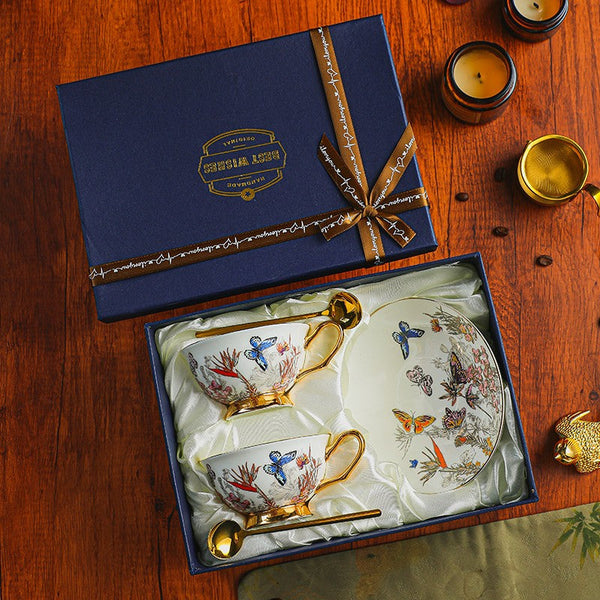 Ceramic Coffee Cups in Gift Box, Butterfly Pattern Porcelain Tea Cup and Saucer Set, British Traditional Afternoon Tea Cup and Saucer Set-LargePaintingArt.com