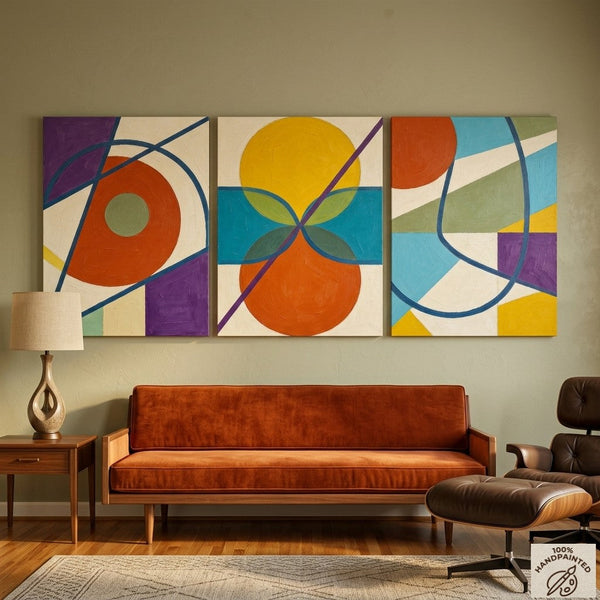 Abstract Paintings for Mid Century Modern Living Room, Multi Panel Canvas Art, Geometric Pattern Contemporary Artwork-LargePaintingArt.com