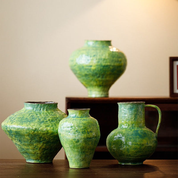 Modern Pottery Flower Vases, Handmade Water Holding Flower Vases, Pottery Bud Vases, Large Green Flower Vases on Table, Centerpiece on Dining Table-LargePaintingArt.com