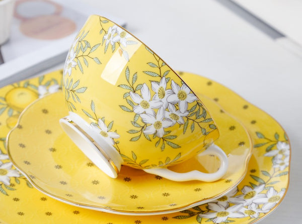 Creative Yellow Ceramic Coffee Cups, Unique Flower Coffee Cup and Saucer, Beautiful British Tea Cups, Creative Porcelain Tea Cup Set-LargePaintingArt.com