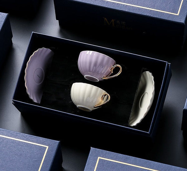 French Style Tea Cups and Saucers in Gift Box as Birthday Gift, Elegant Macaroon Ceramic Coffee Cups, Creative Bone China Porcelain Tea Cup Set, Beautiful British Tea Cups-LargePaintingArt.com