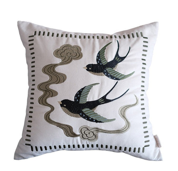 Luxury Decorative Pillows for Couch, Modern Throw Pillows for Couch, Vintage Decorative Pillows, Embroidered Swallow Birds Cushion, Decorative Pillow Arrangement Ideas for Bed-LargePaintingArt.com