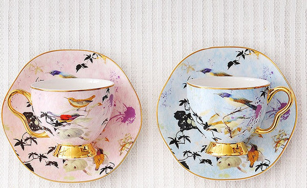 Unique Bird Flower Tea Cup and Saucer in Gift Box as Birthday Gift, Elegant Ceramic Coffee Cups, Afternoon British Tea Cups, Royal Porcelain Tea Cup Set-LargePaintingArt.com