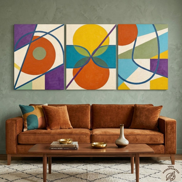 Abstract Paintings for Mid Century Modern Living Room, Multi Panel Canvas Art, Geometric Pattern Contemporary Artwork-LargePaintingArt.com