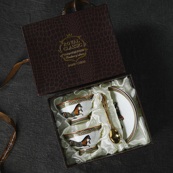 Porcelain Tea Cup and Saucer Set, 7.4 oz British Horse Pattern Coffee Cup with Saucer, Ceramic Tea Cup and Saucer in Gift Box-LargePaintingArt.com