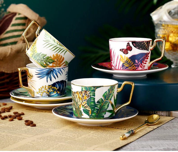 Handmade Coffee Cups with Gold Trim and Gift Box, 7.4 oz Tea Cup and Saucer, Jungle Tiger Porcelain Coffee Cups-LargePaintingArt.com